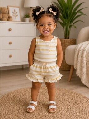 Easy Peasy Striped Baby Tank & Ruffle Shorts Set - Cream & Yellow